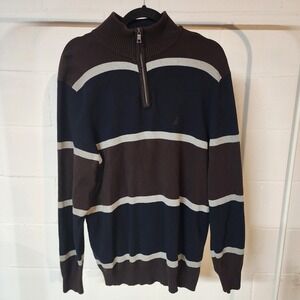 Nautica Mens 1/4 Zip Sweater Brown Blue Striped Pullover‎ Cotton Blend